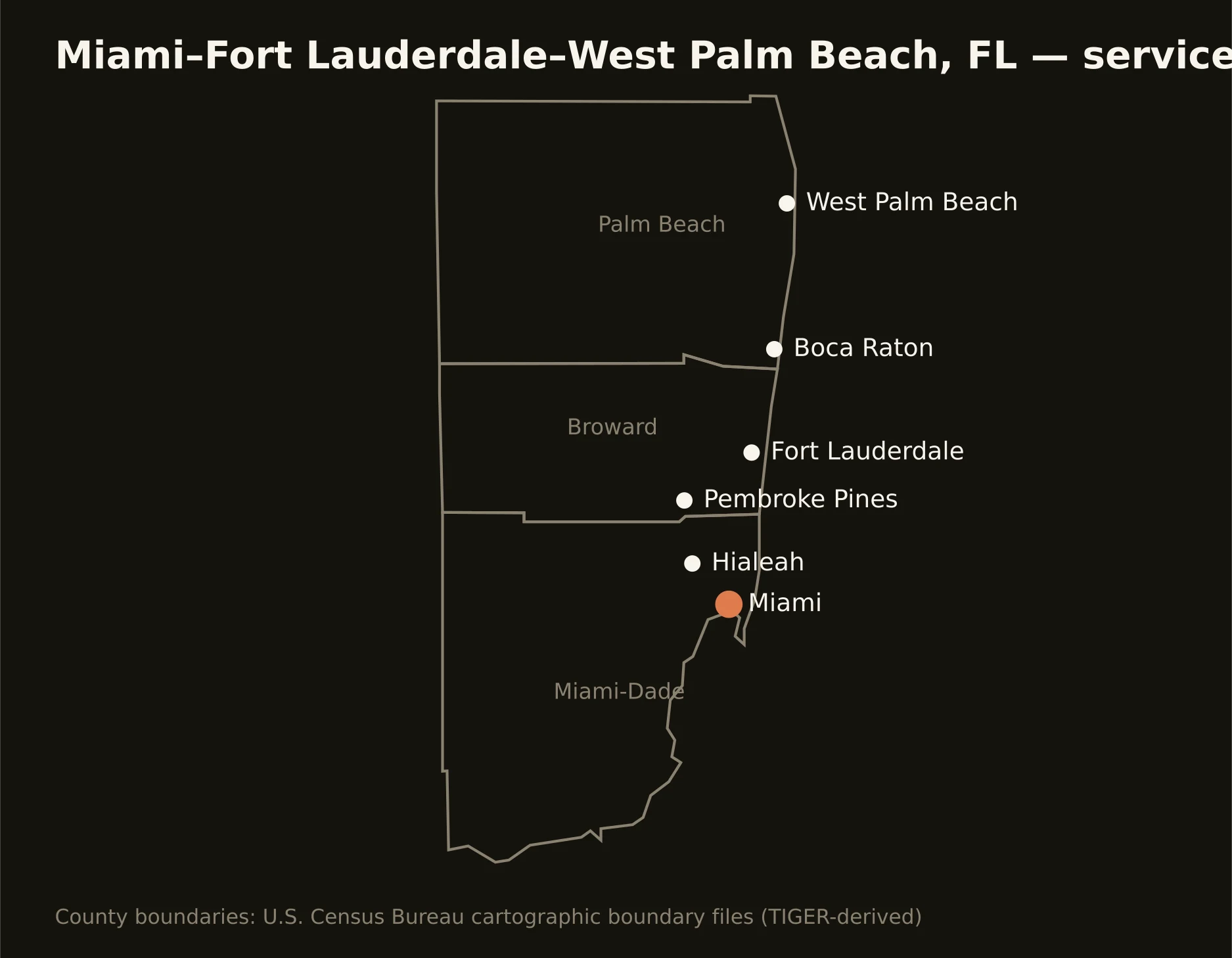 Miami–Fort Lauderdale–West Palm Beach, FL directional drilling service area map — component counties and cities served